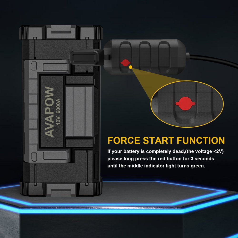 AVAPOW 6000A Car Battery Jump Starter with Dual USB Quick Charge and DC Output, 12V Jump Pack with Built-In LED Bright Light