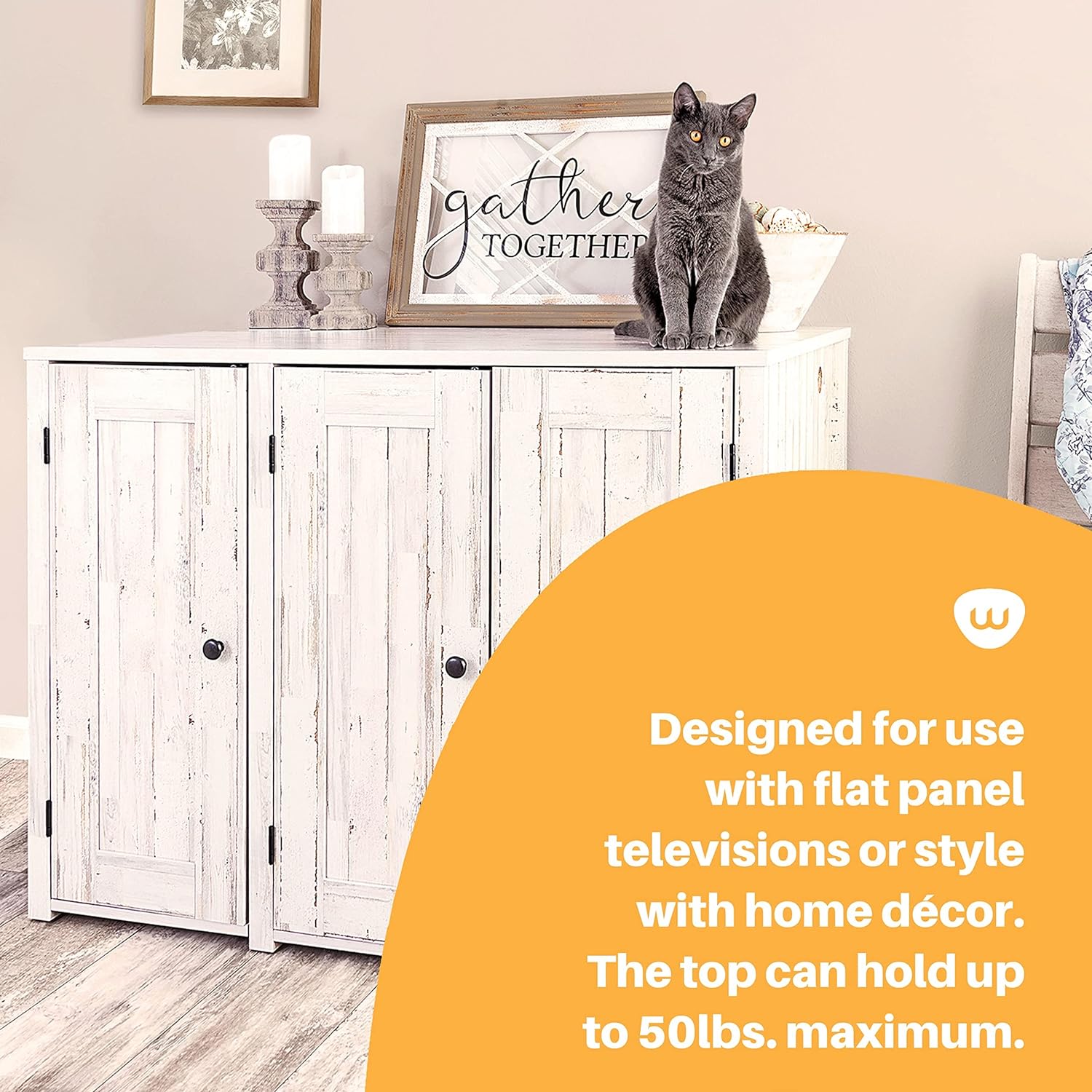 Litter-Robot Credenza with Litter Box Enclosure, Rustic White Plank Finish, 43.2” W x 28.1” D x 33.1” H, Stylish and Durable Hidden Cat Litter Box Furniture, Litter-Robot Not Included