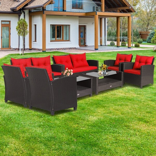 Costway 8 PCS Patio Rattan Furniture Set Glass Table Shelf Sofa