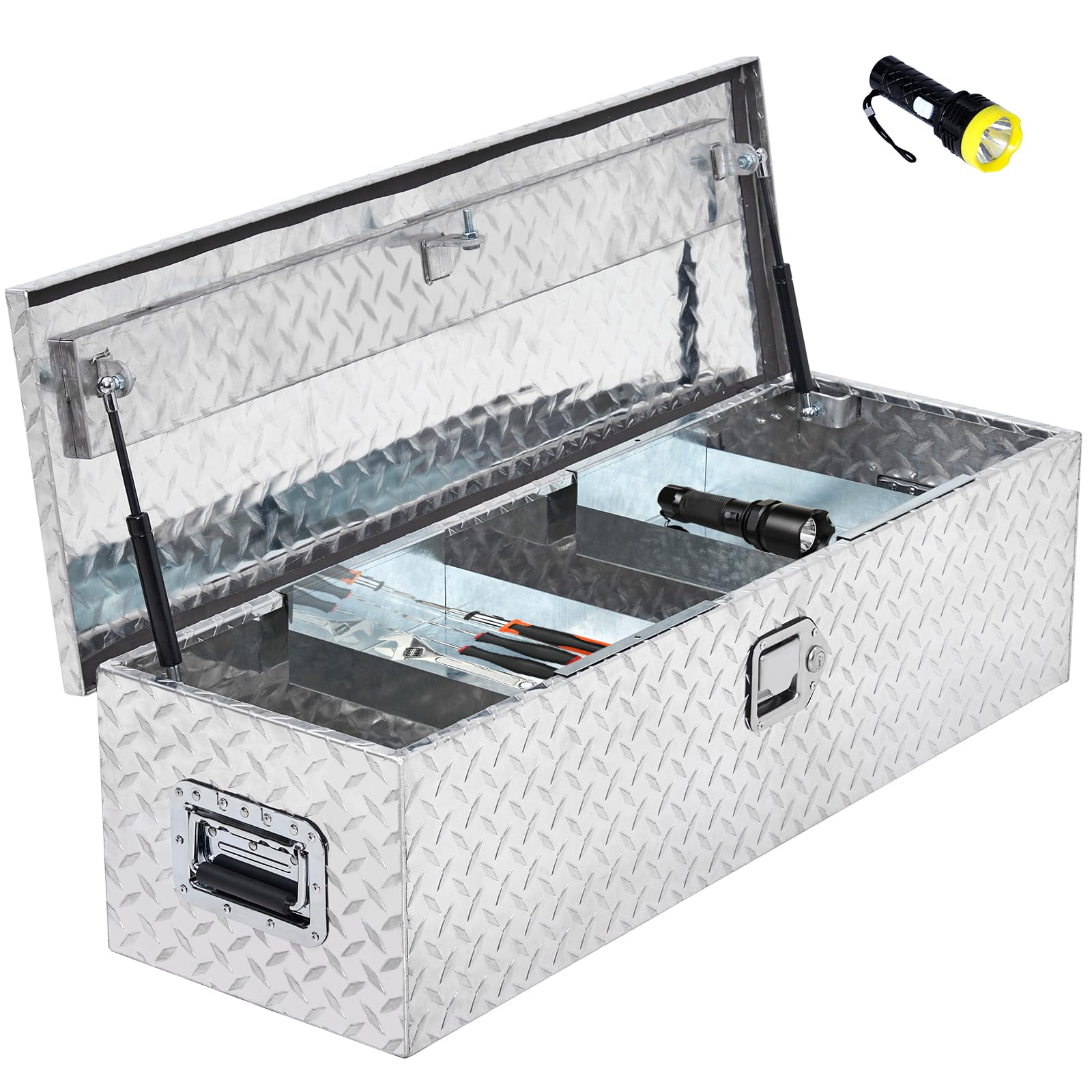 2026 48 Inch Diamond Plate Truck Bed Tool Box with Shelf Silver