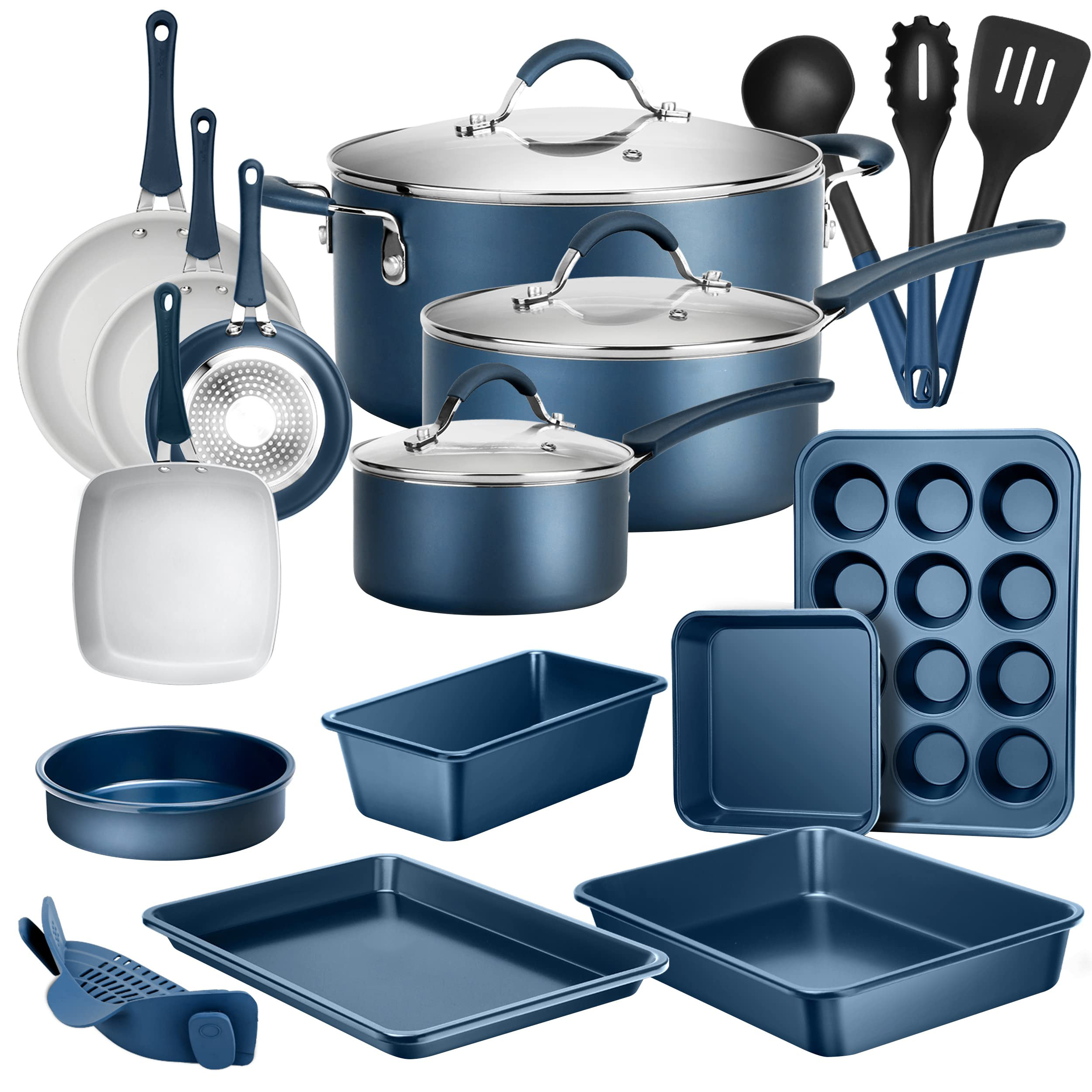 Navy 20-Piece Nonstick Cookware & Bakeware Set with Utensils C PTFE/PFOA/PFOS-Free, Induction Ready