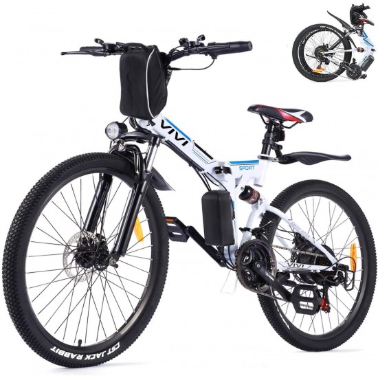 Folding Electric Bike, Electric Mountain Bike 350W Ebike 26” Electric Bike for Adults with Removable 8Ah Battery, Professional 21 Speed Gears, Full Suspension
