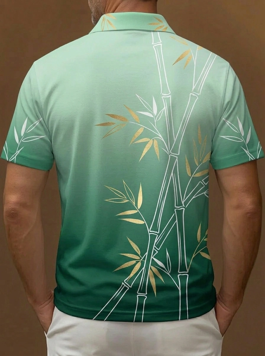 Green Gradient Gold and White Bamboo Print Short Sleeve Golf Polo Shirt