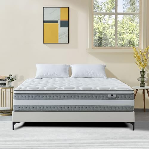 Queen Mattress, 14 Inch Hybrid Mattresses in a Box, Individually Wrapped Pocket Coils for Isolate Motion, Gel Memory Foam, Medium Firm Support, Pressure Relief, CertiPUR-US