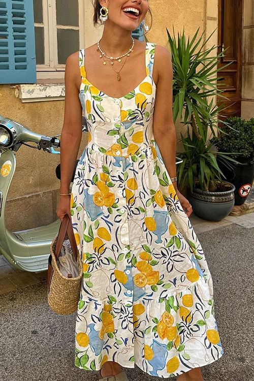 Printed Button-Down Midi Sundress with RufflesClistos