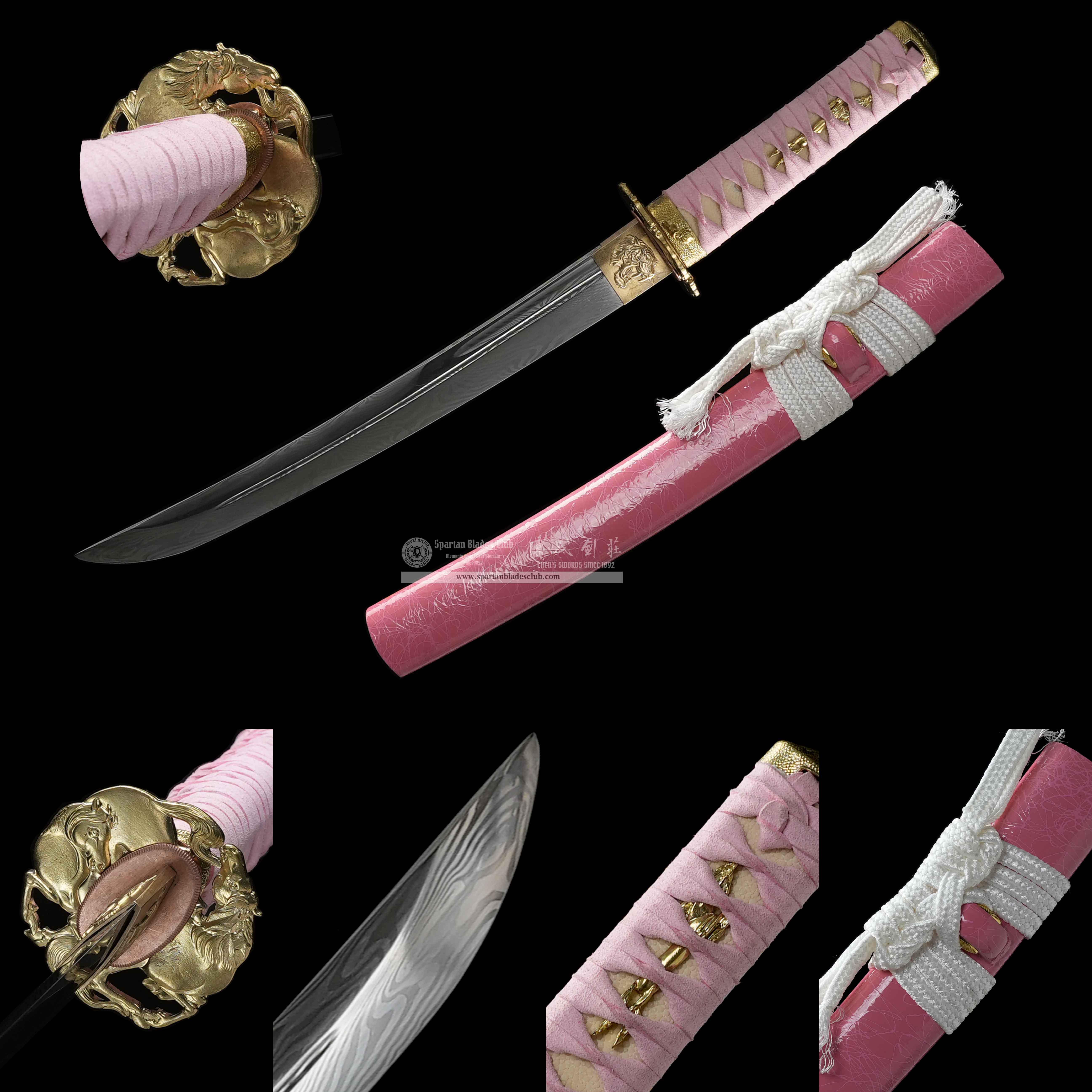 HY169 | Shun'ya | Tanto | Damascus Steel | Horse | Pink | Battle-Ready | Full-tang | Spartan Blades Club | CHEN'S SWORDS 1892 - Spartan Blades Club - 陳氏劍莊1892