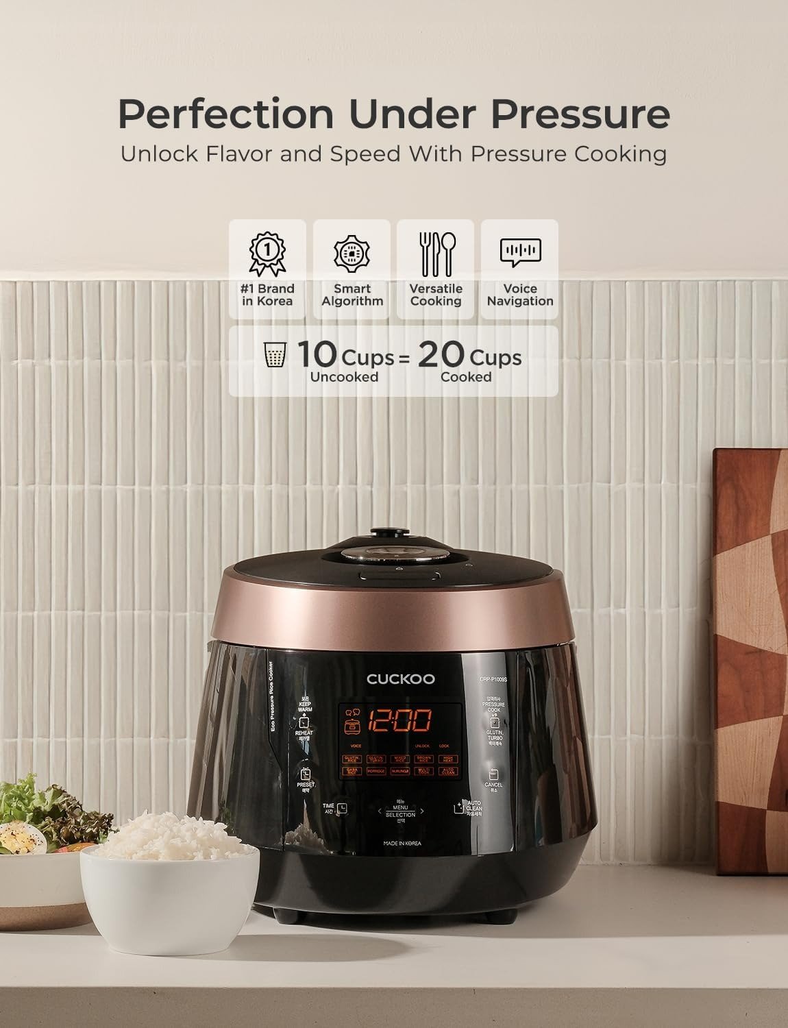High Pressure Rice Cooker 10-Cup Uncooked / 20-Cup Cooked with Nonstick Inner Pot, Large Rice Maker with 13 Menu Options and Steam Plate, Fuzzy Logic Tech, Voice Guide, Black