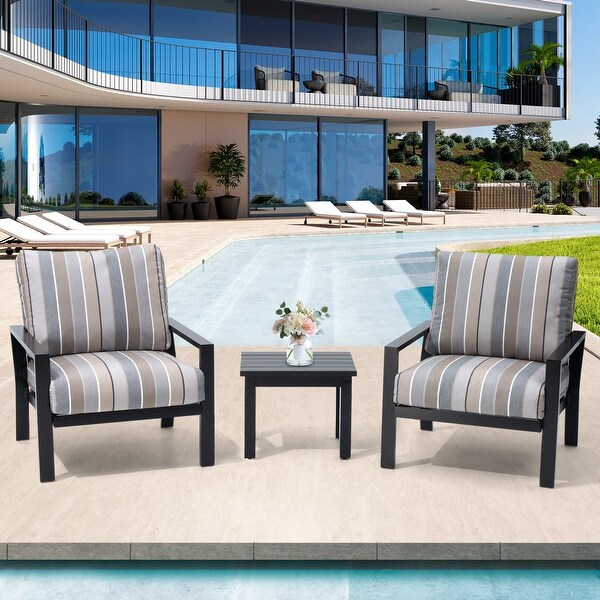 Outdoor 3piece Cushioned Aluminum Patio Furniture Conversation Set,Sunbrella Cushions,Aluminum Side Table