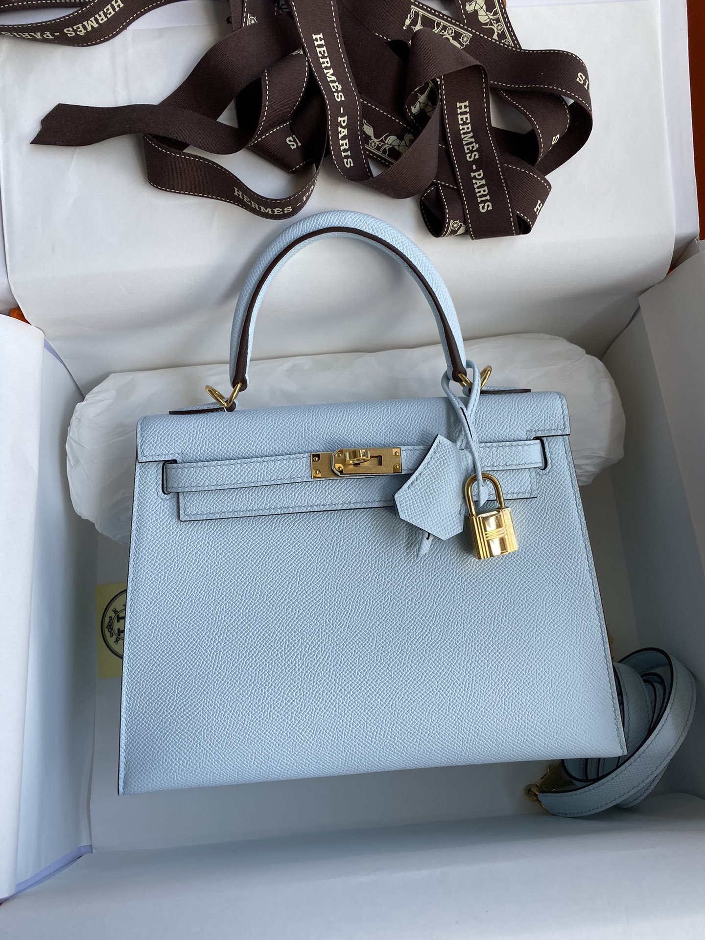 Hermes Kelly 25 Bag In Light Blue Epsom Leather For Women 25cm/10in