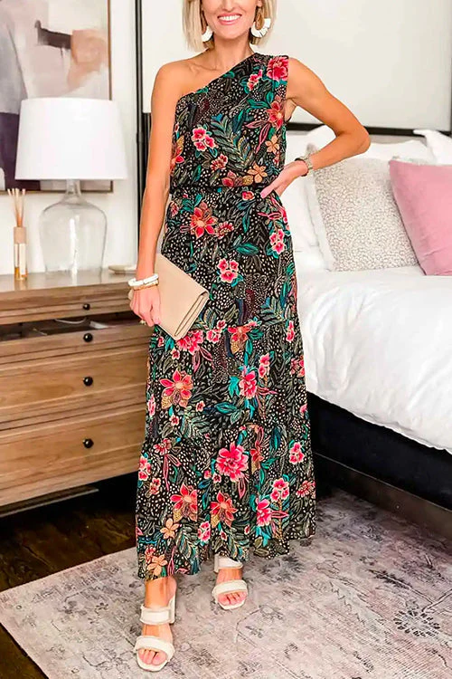 One Shoulder Maxi Dress with Belted WaistClistos