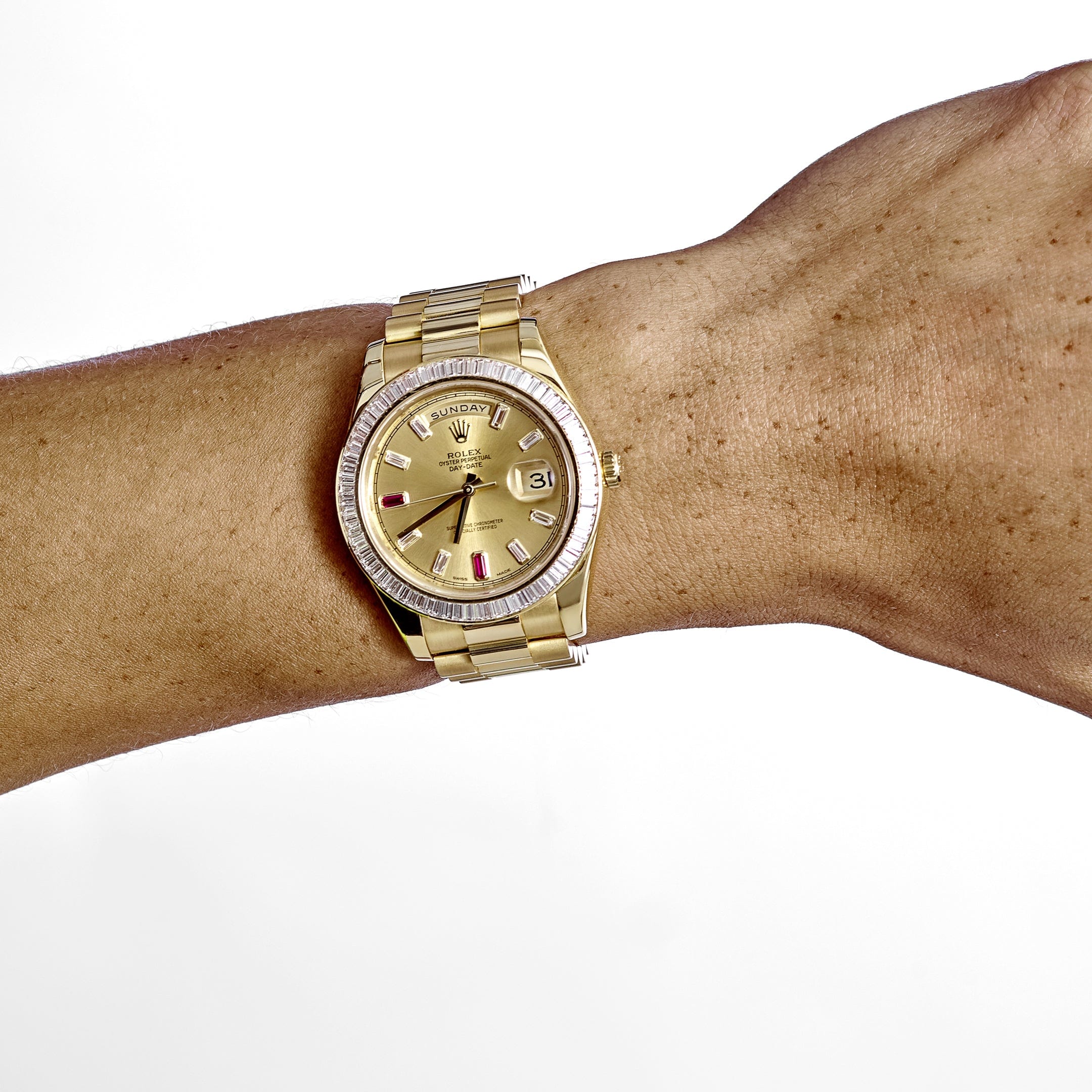 Rolex Day-Date II 218398 Yellow Gold Champagne Ruby Dial Diamond Bezel (2010)