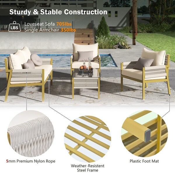 Rope Patio Conversation Set with Tempered Glass Table (4 Pieces)