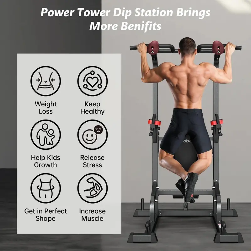 Pooboo Adjustable Power Tower – Dip Station, Pull-Up Bar & Decline Bench in One