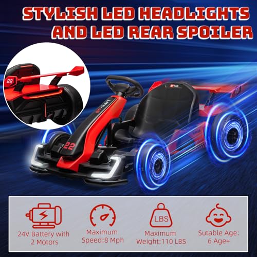 24V Electric Go Kart for Kids，Powerful Drift Kart with 2 * 150W Motors, Adjustable Seat, 8mph SpeedLed Lights ，Outdoor Riding Toy for Children Ages 6-15,Green