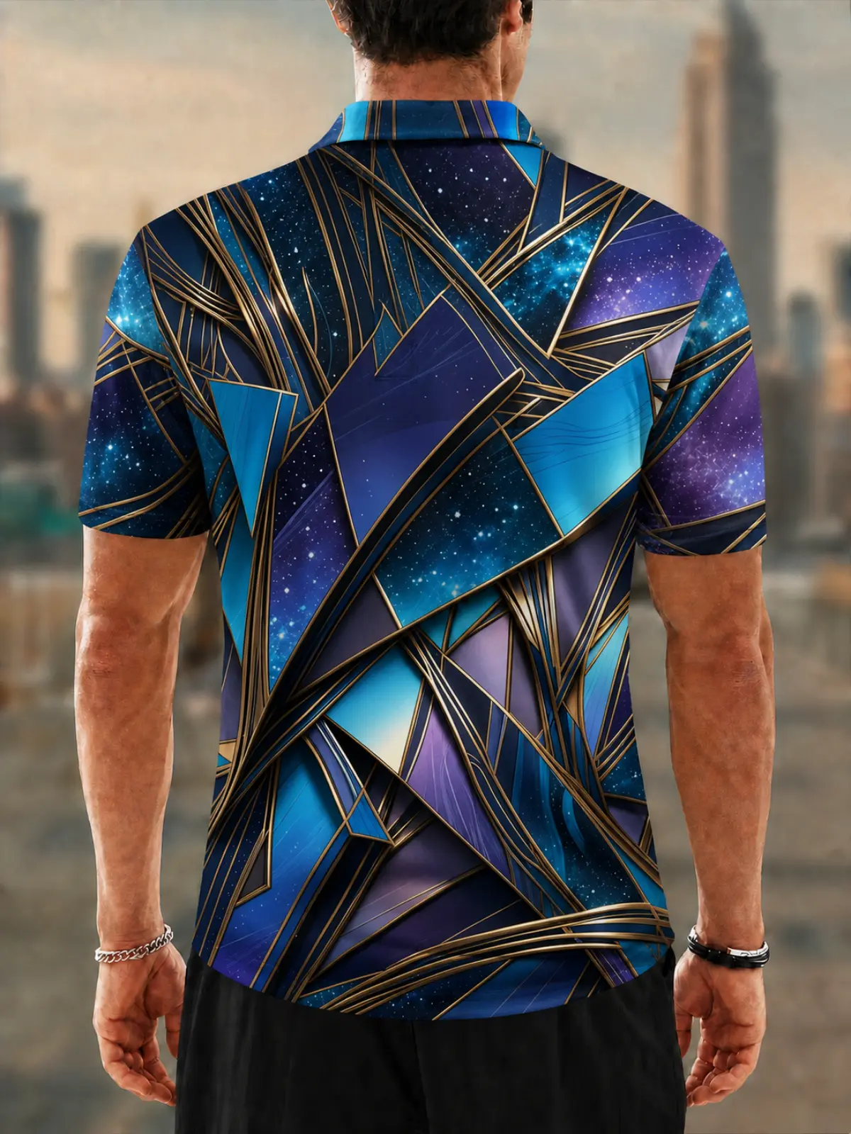 Moisture Wicking Golf Polo 3D Gold Geometric Galaxy Art Button Short Sleeve Golf Polo Shirt
