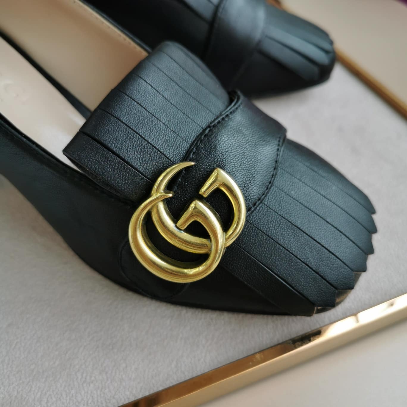 Gucci Wmns Black Leather Mid-Heel Pump 408208 C9D00 1000