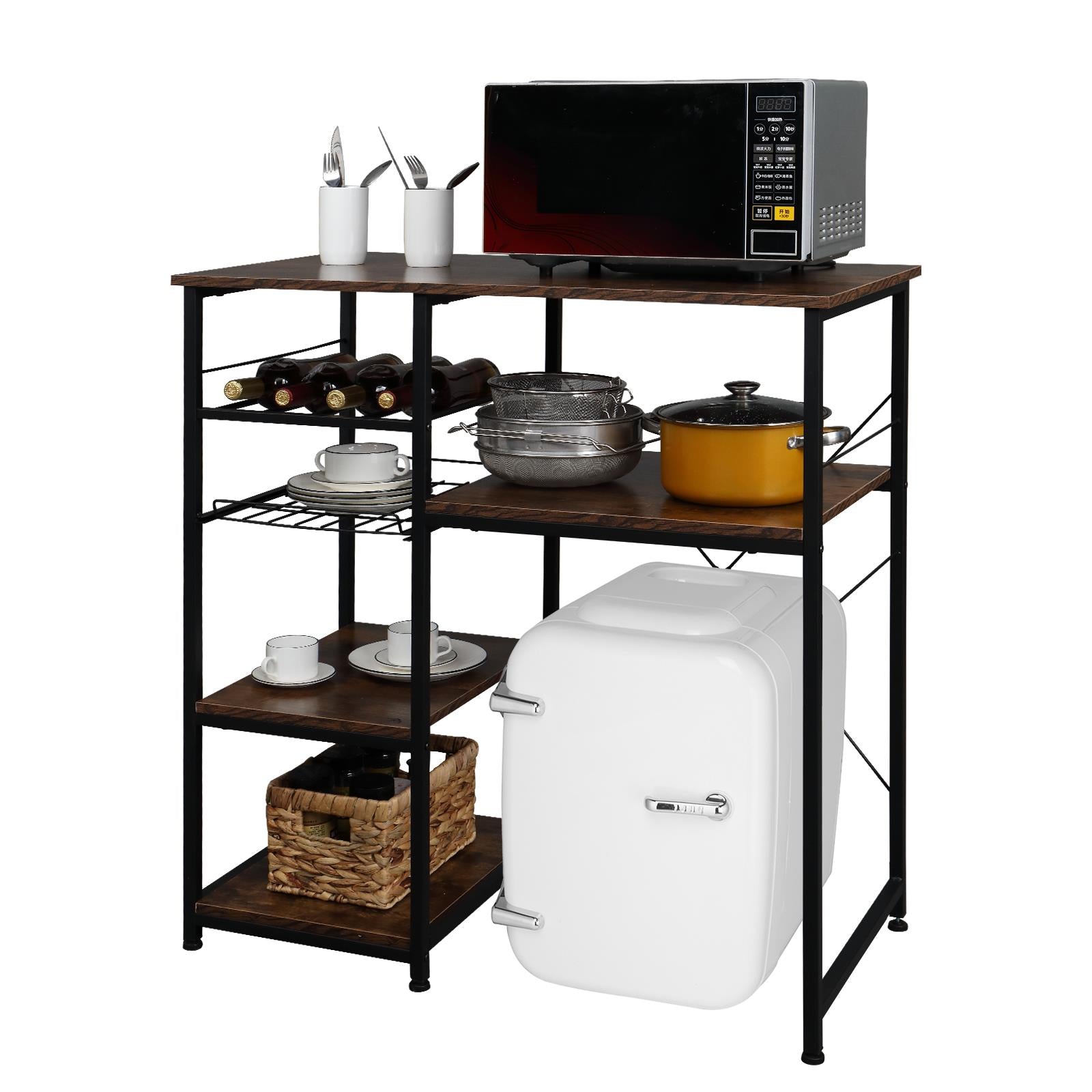 Ktaxon 5-Tier Kitchen Baker's Rack, Industrial Microwave Oven Stand Fit Mini Fridge, Bar Cart, Kitchen Utility Cart Storage Shelf Organizer with Big Drawer and Wine Rack/Drain Basket