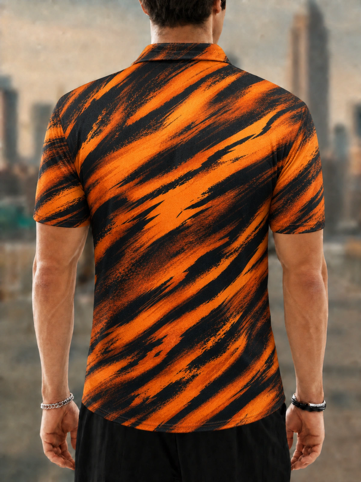 Men's Orange Tiger Stripe Printed Golf Polo Shirt