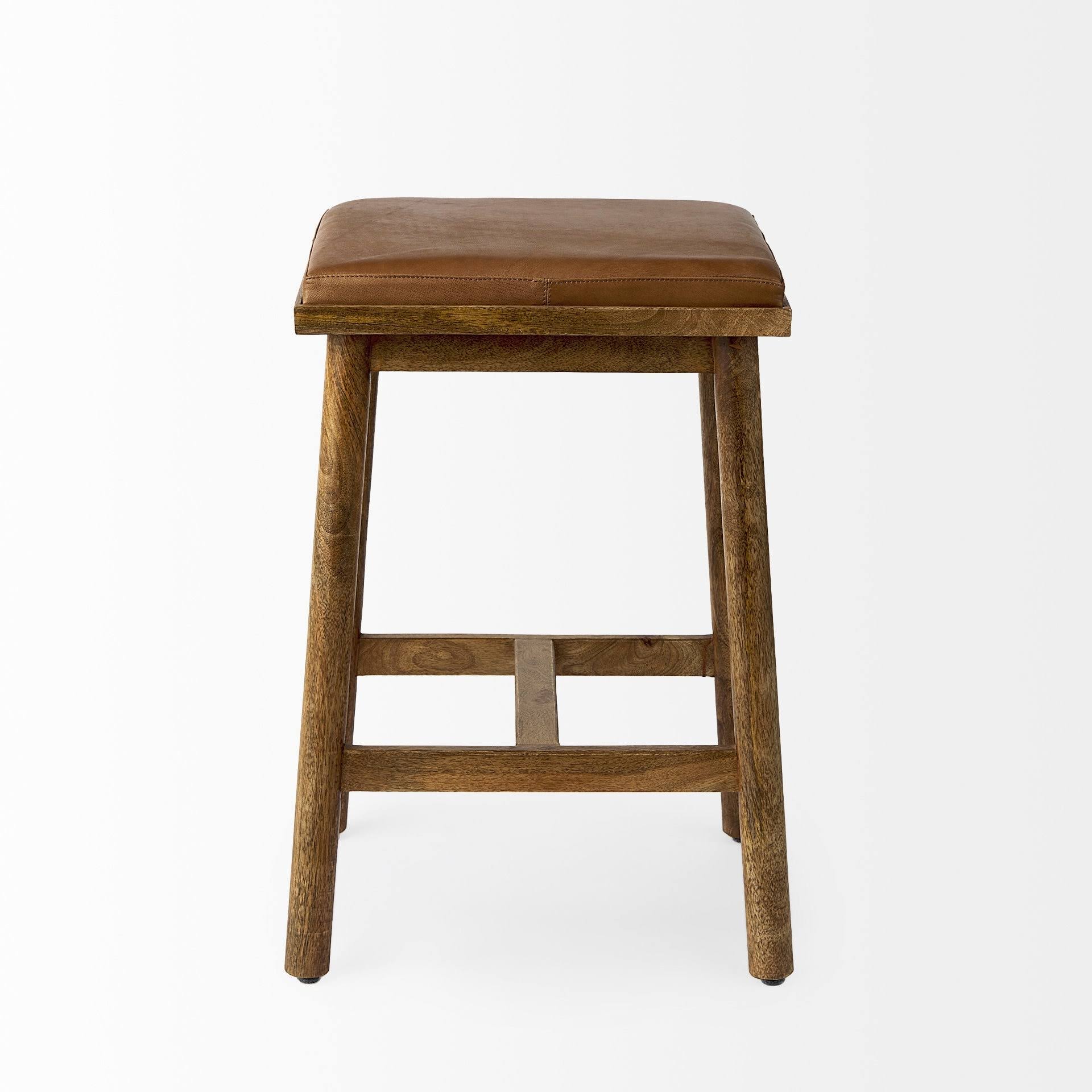 Eliza 17.0L x 13.0W x 30.0H Cognac Brown Leather Seat w/ Medium Brown Wood Frame Bar Stool - Mercana 69391