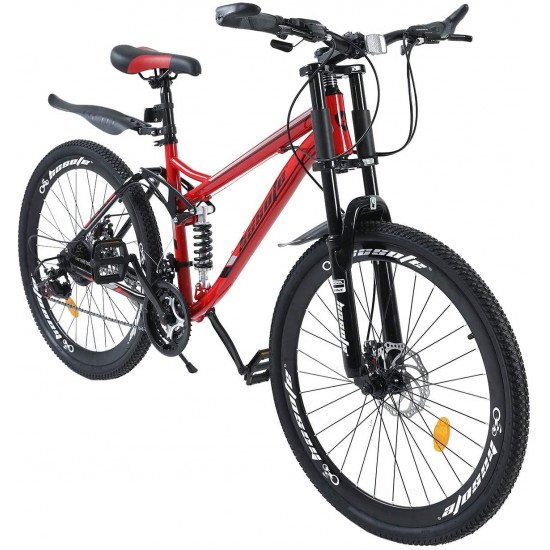 26 inch Full Suspension Mountain Bike, 21 Speed Derailleur Mountain Bicycles, 17 inch Carbon Steel Frame MTB City Bikes for Teens and Adults with Fenders