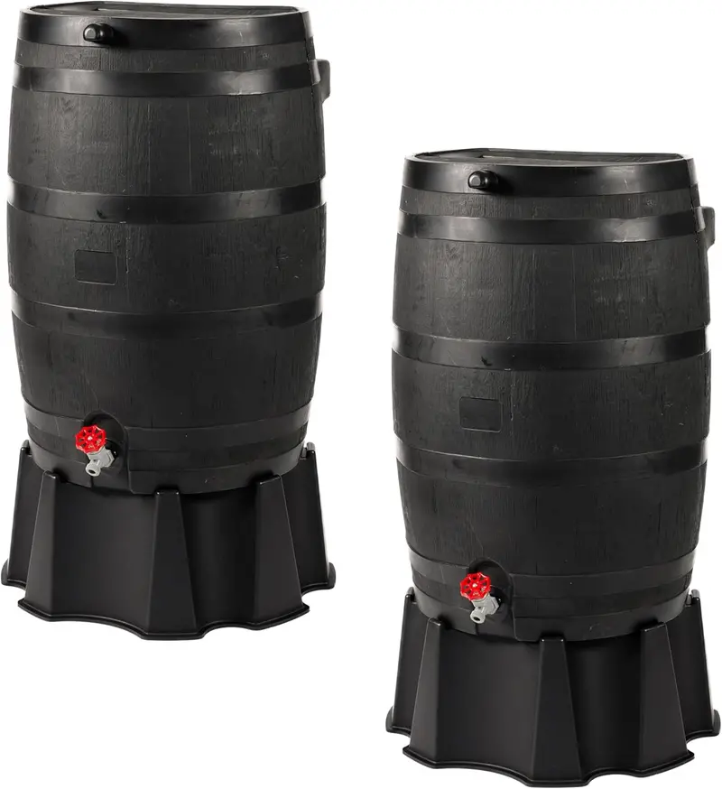 RTS Eco Rain Barrel – 50-Gallon Flat-Back Water Collection System Made from 100% Recycled Plastic (Black)