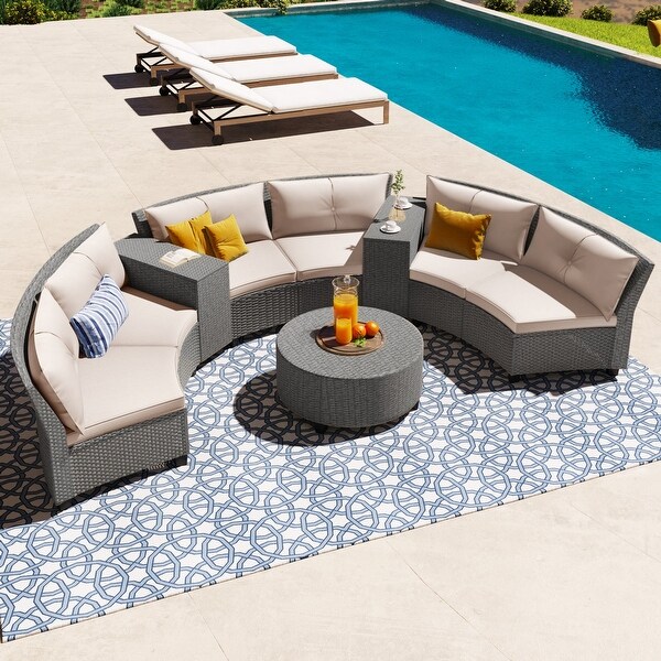 6 Pieces Outdoor Wicker Fanshaped Patio Sectional Sofa with Cushions and Table