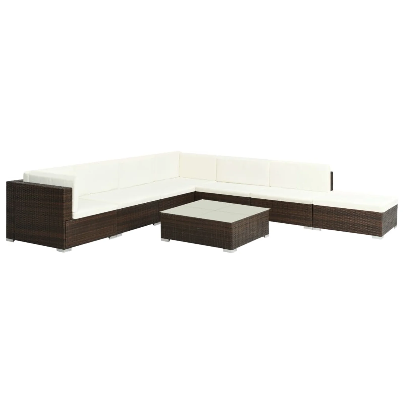 Dcenta 8 Piece Garden Conversation Set Cream White Cushioned 2 Corner and 4 Centre Sofa with Coffee Table, Ottoman Brown Poly Rattan Sectional Outdoor Furniture Set for Patio, Backyard, Balcony
