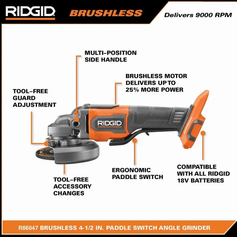 RIDGID R86047B-AC93044SBN 18V Brushless Angle Grinder – 4.5″ Paddle-Switch Model with Dual 4.0Ah Batteries, Charger, and Carry Bag