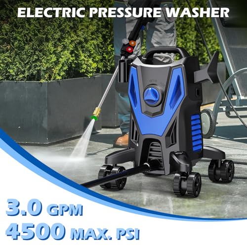 Electric Pressure Washer - 4800PSI 2.8GPM Power Washer with 500ML Foam Cannon, 4 Nozzle Tips, with 4-Wheel Anti-Tip Technology, 360° Swivels High Pressure Cleaning Machine for Cars, Driveways, Patios