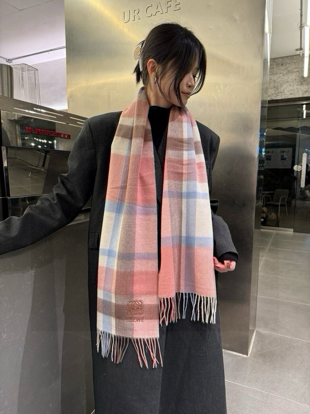 Loewe Wool Scarf Plaid Pink For Women 180cm