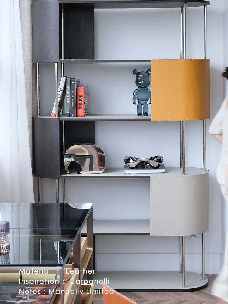 GA025 - Multi-functional Cabinet King! Tin Gray / Naples Yellow Saddle Leather Splicing Bookshelf Bookcase Display Cabinet Shelf