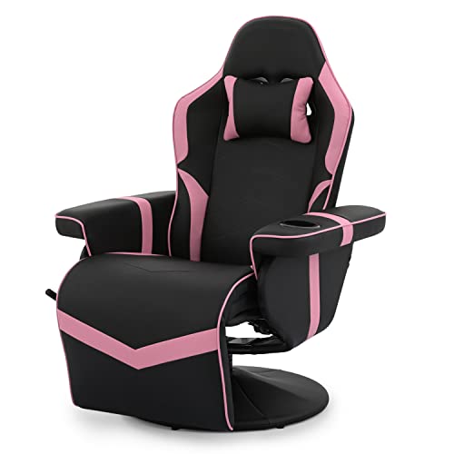 Magshion 360° Swivel Gaming Recliner Chair, Ergonomic PU Leather Reclining Chair with Adjustable Backrest, Footrest, Cup Holder & Neck Support, Heavy-Duty 300 lb Capacity for Adults, Teens, Grey