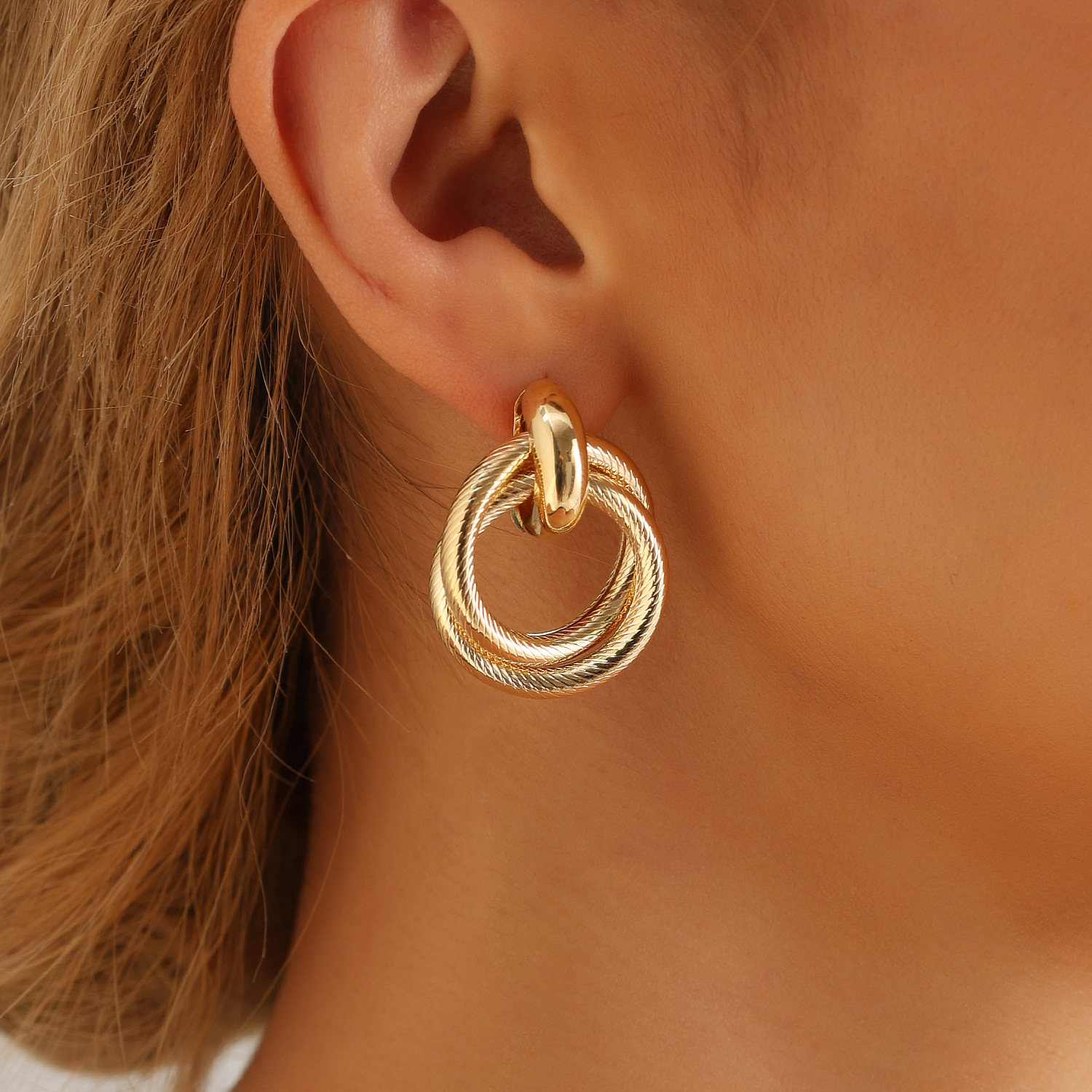Double Layer Round Circle Dangle Earrings for Women Vintage Simple Golden Metal Drop Earrings Geometry Jewelry Gifts