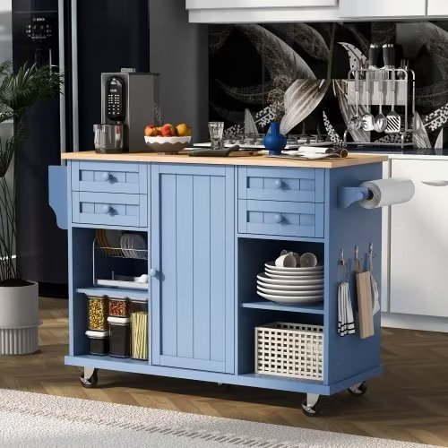 Kitchen Island Cart with 4 Storage Drawers, Rolling Mobile Kitchen Island Table with Spice Rack, Towel Rack, Rubber Wood Desktop, 5 Wheels Including 4 Lockable Wheels, 52.8in Width, Blue