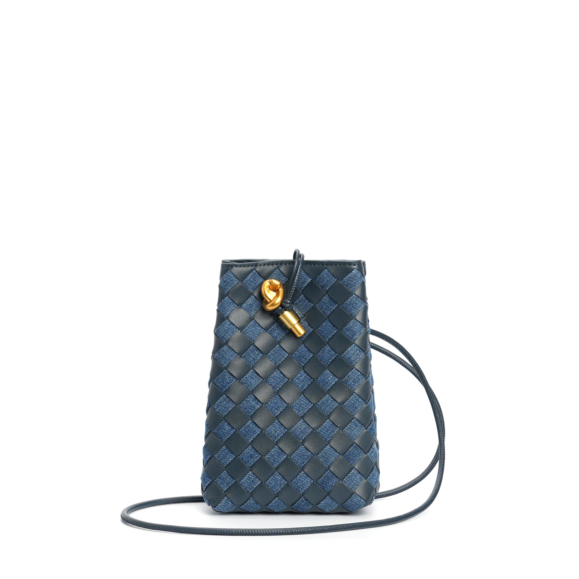 Denim Weave Leather Crossbody Bucket Bag
