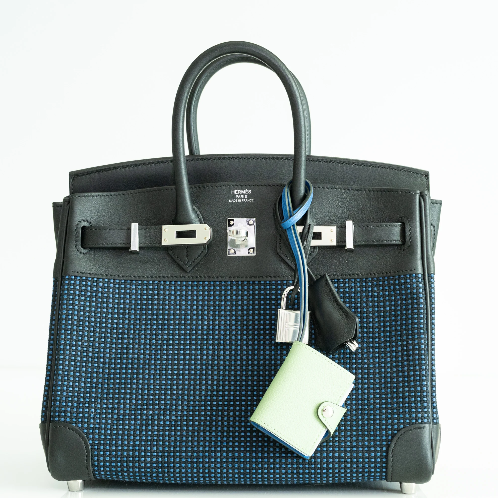 Hermès Birkin 25 Quadrille Bleu de Malte/Noir Toile Canvas Swift Palladium Hardware