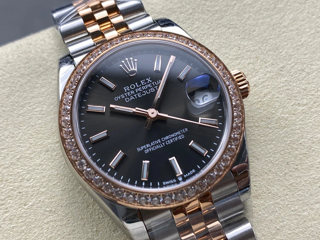 Datejust 31mm Pink Gold Steel Diamond Bezel Dark Grey Dial