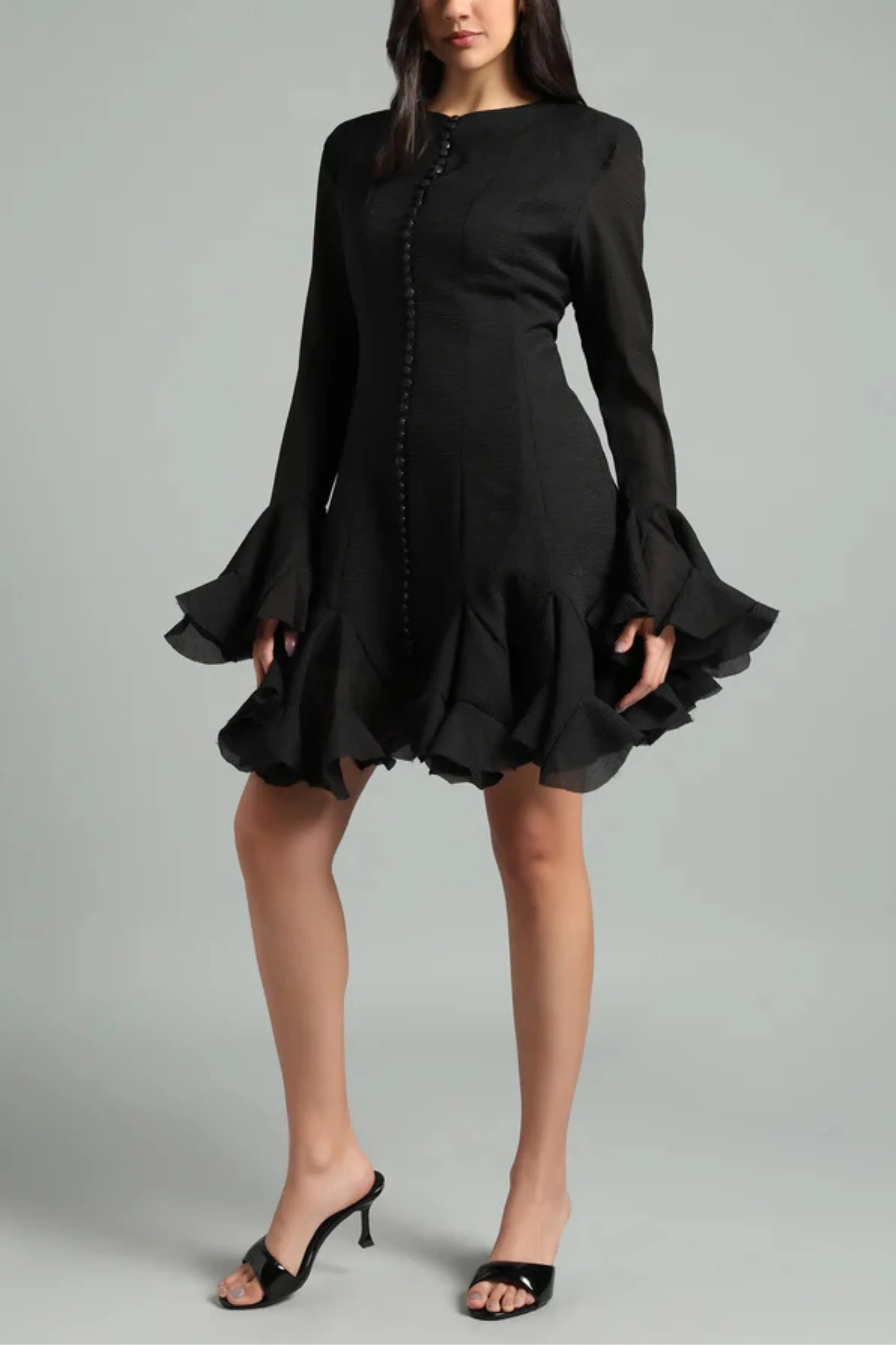 Black Godet Ruffled Dress