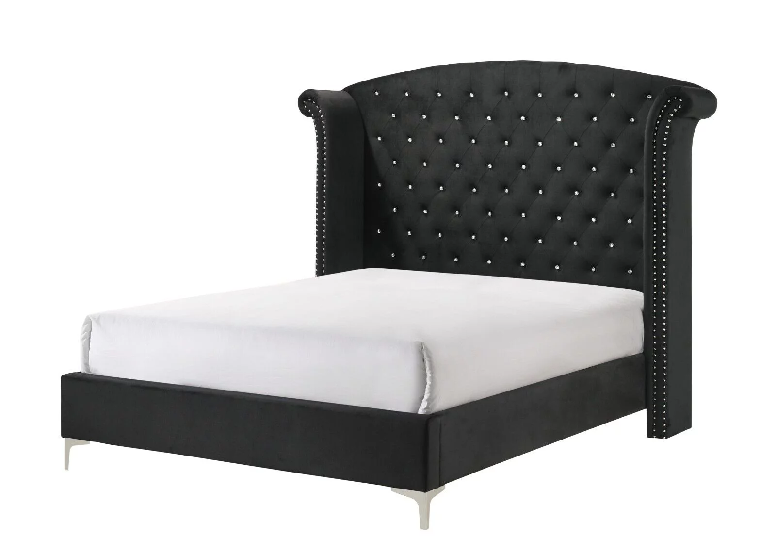 Modern Glamourous 6pc Queen Size Bed Dresser Mirror Nightstands Chest Bedroom Set Black Velvet Upholstery Furniture
