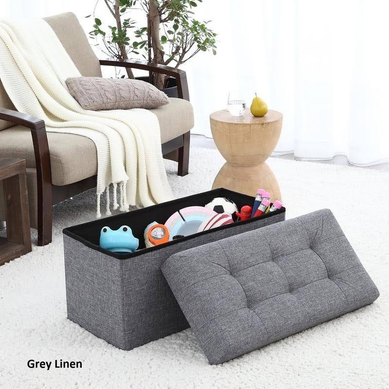 Ornavo Home Foldable Tufted Linen Large Storage Ottoman Bench Foot Rest Stool/Seat - 15x22 x 30x22 x 15x22 - Black