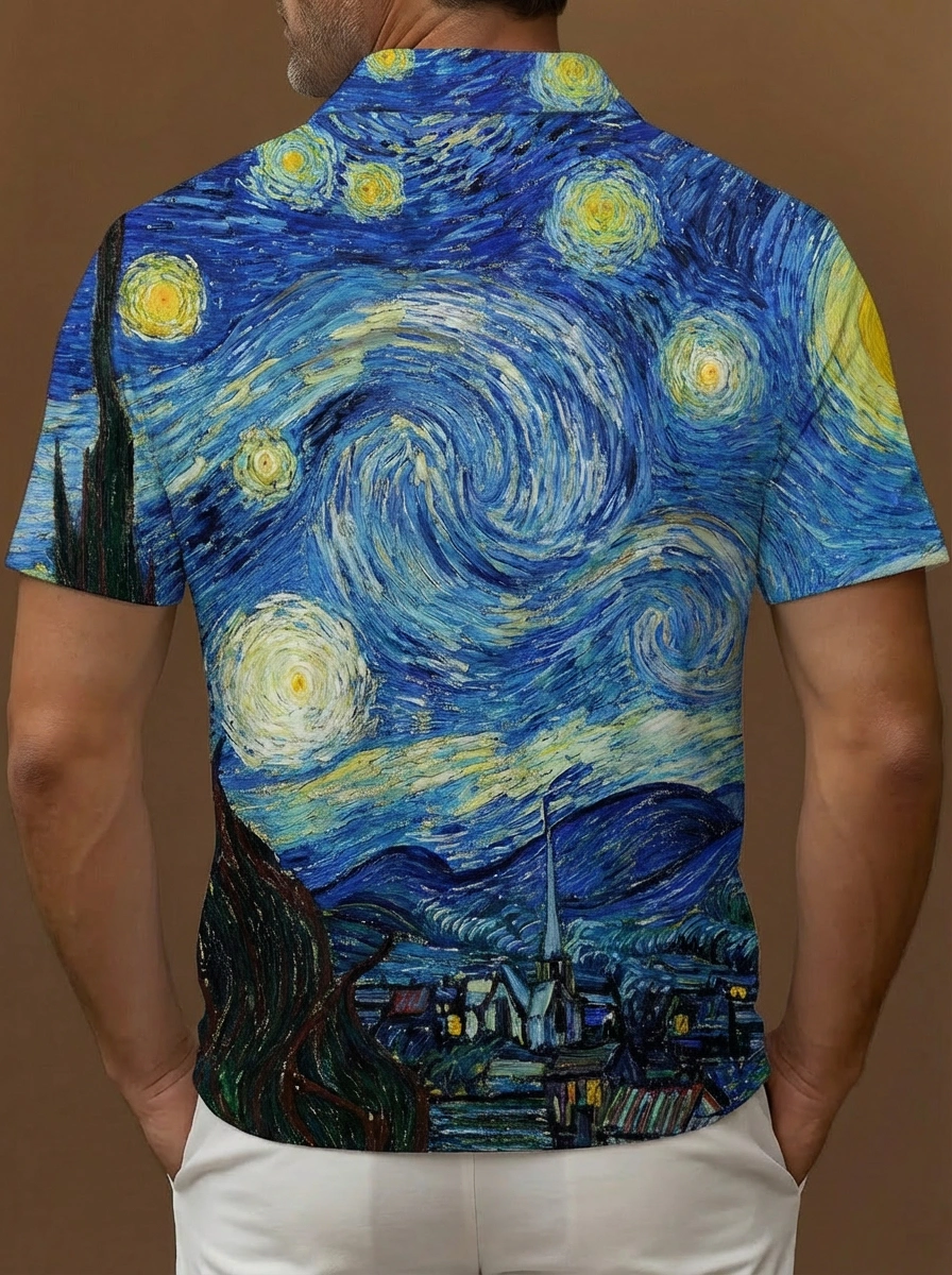 Blue Yellow Starry Night Van Gogh Art Pattern Button Short Sleeve Golf Polo Shirt
