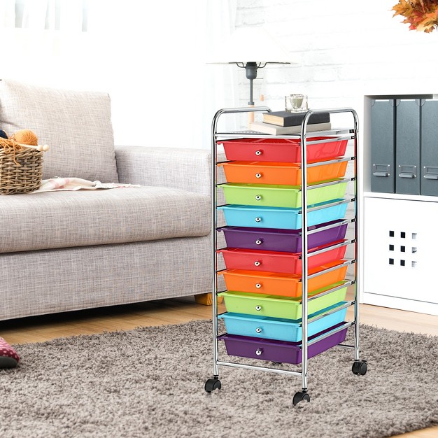 Costway Rolling Storage Cart With 10 Drawers Scrapbook Office School Organizer Multicolor