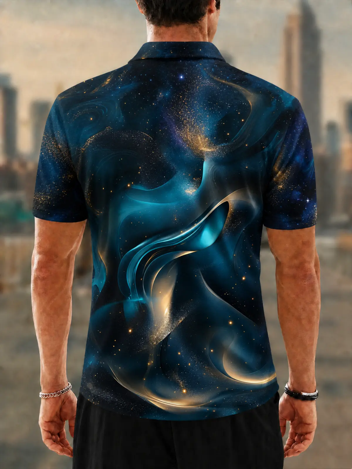 Moisture Wicking Golf Polo 3D Nebula Swirl Marble Button Short Sleeve Golf Polo Shirt