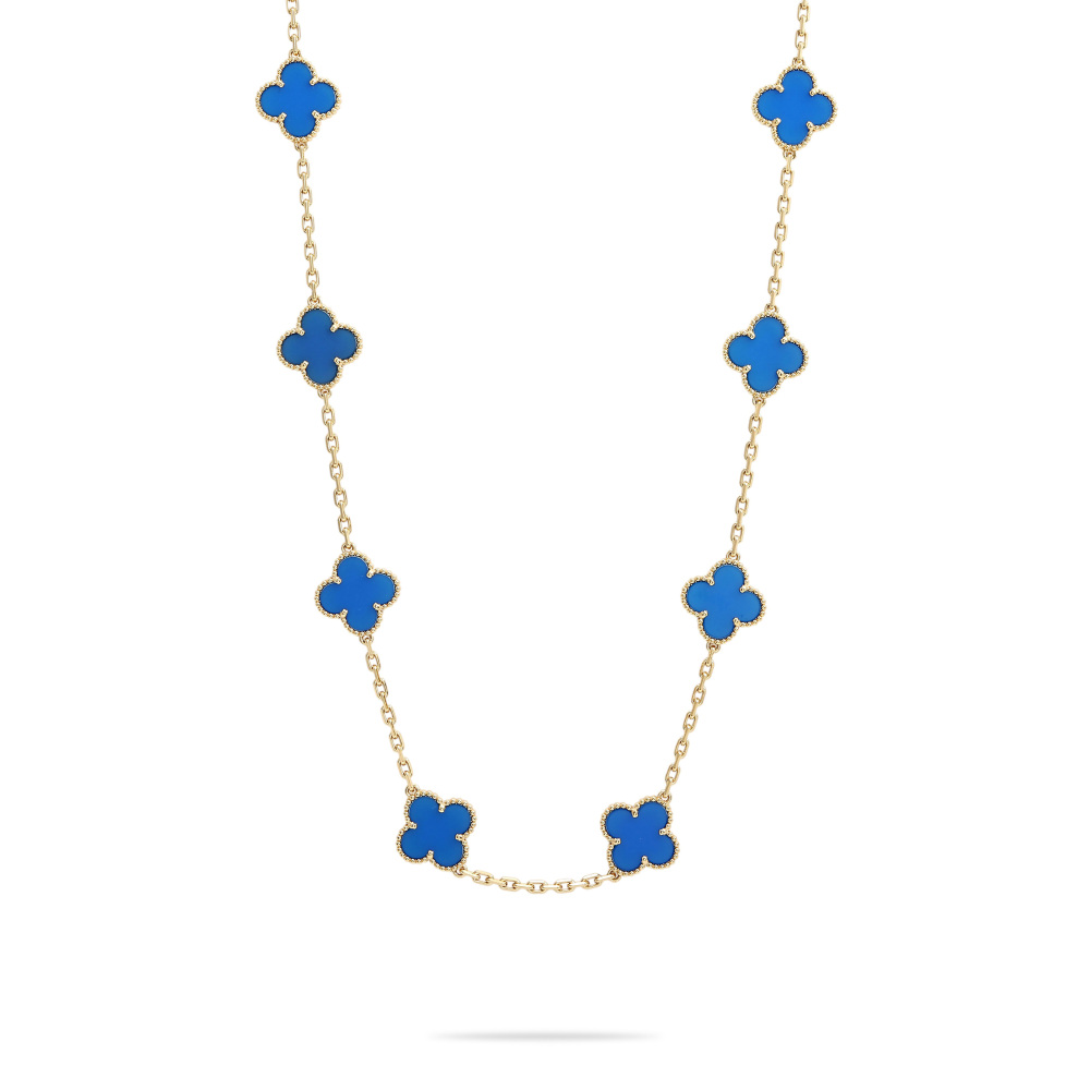 Van Cleef & Arpels Vintage Alhambra 20 Motifs Necklace 18K Yellow Gold Blue Agate VCARP7RN00