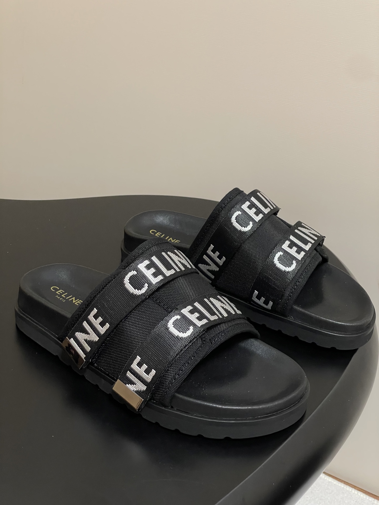 Celine retro platform thick-soled letter logo webbing slippers - cnluxepick