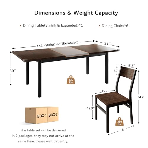 iPormis 7-Piece Dining Table Set with 6 Chairs, 63