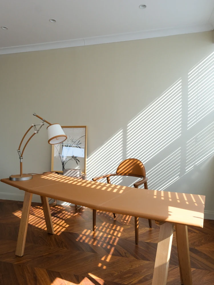 YA018 (Desk) - H Gold Brown Leather Arc-shaped Desk White Waxwood Legs Modern Home Simple Computer Desk Long Table