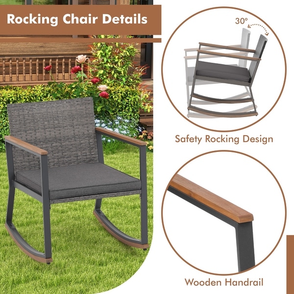 3 Piece Rocking Chair Patio Bistro Set Balcony Chairs Conversation Sets With Coffee Table and Cushions