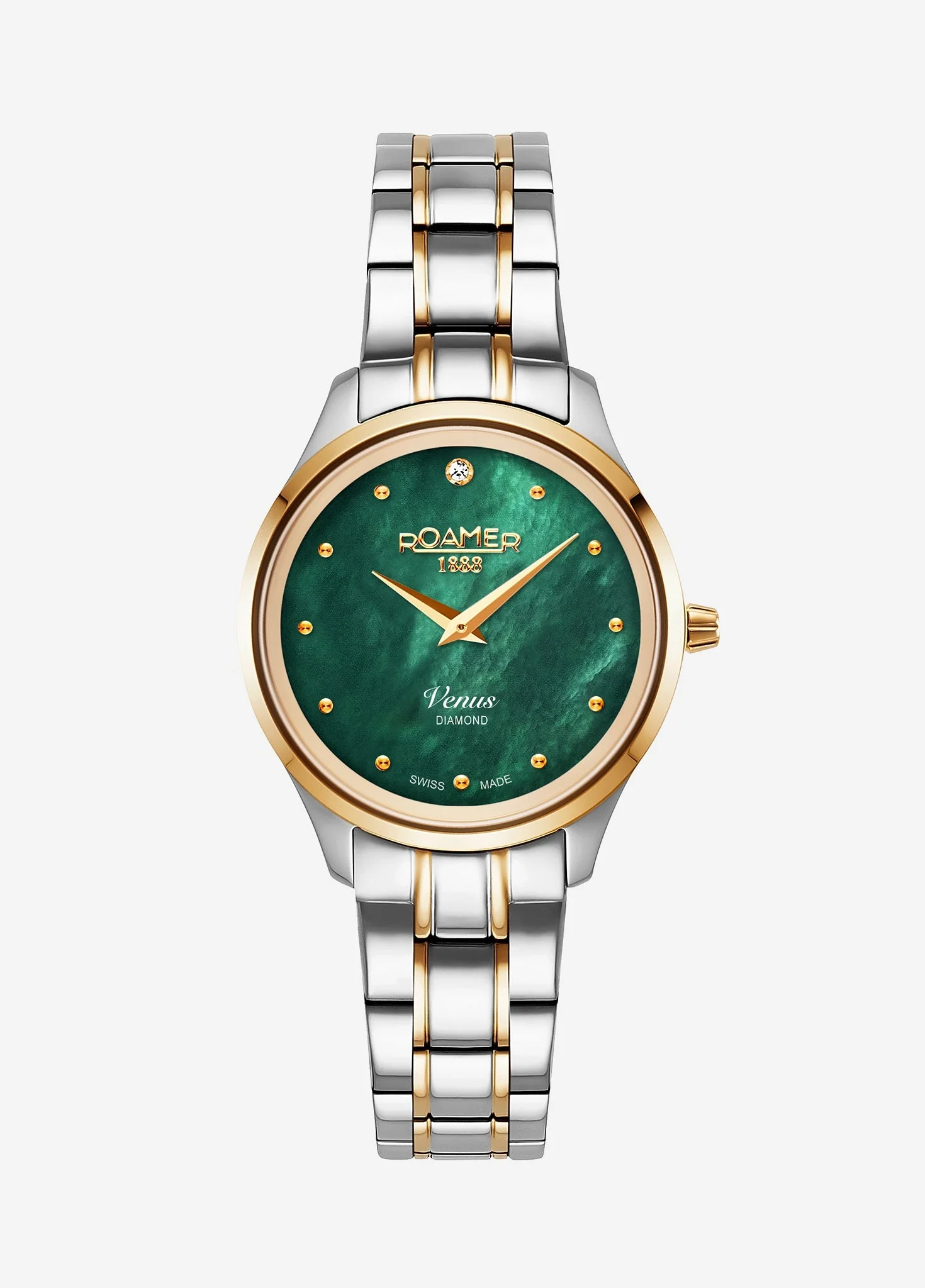 Venus Diamond 30mm Quartz Two-Hand Green Mop W/Gp Indexes, 1Pc 1.2Mm Dia Dial  Two-Tone Bracelet Sapphire glass Stainless Steel swiss watch