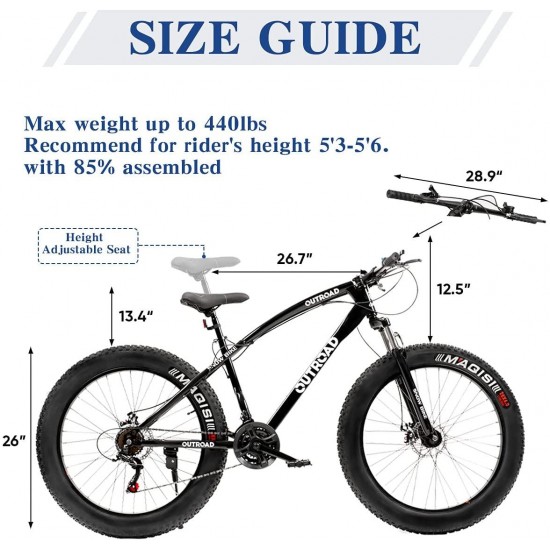 Fat Tire Mountain Bike 21 Speed Derailleur, with High Carbon Steel Frame, Double Disc Brake and Front Suspension Anti-Slip Bikes with 26 inch Wheels